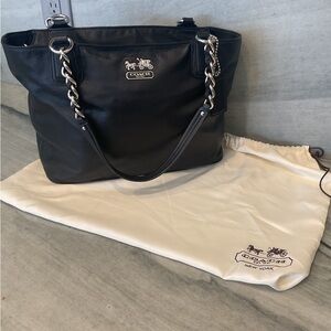 Coach Black Leather Tote Bag with Chain-Strap Handles